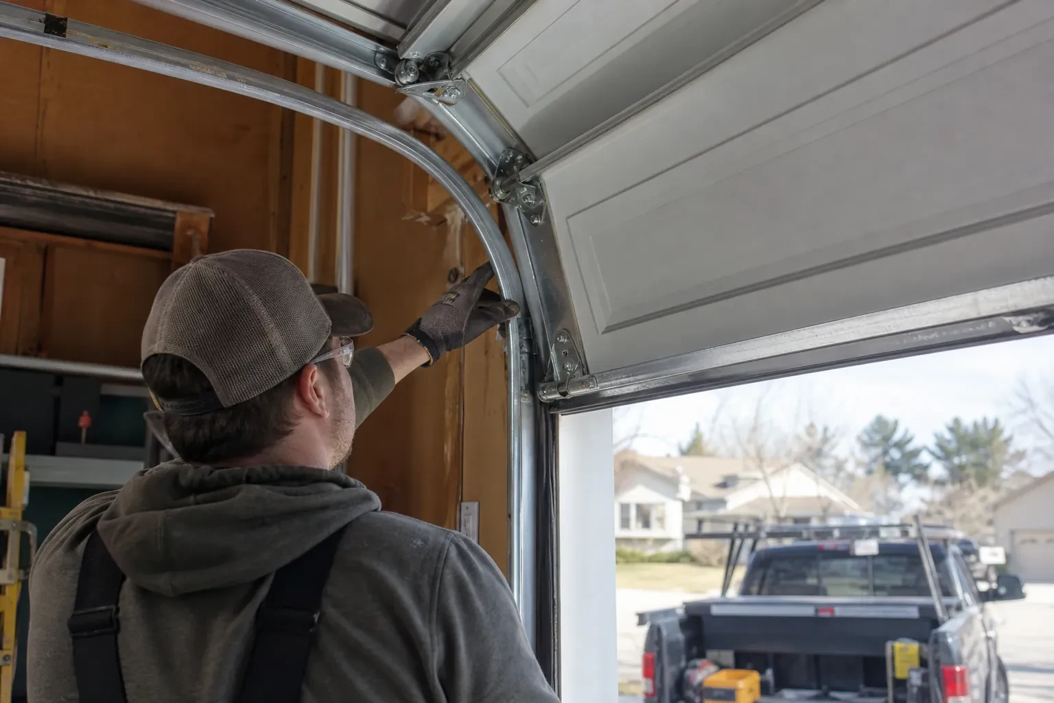 Illustrative garage doors scene; not an actual job