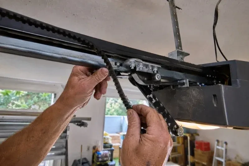 Hands holding a loose toothed belt beside the rail and trolley of an overhead garage-door opener. — Belt-Drive Opener Repair, Essa