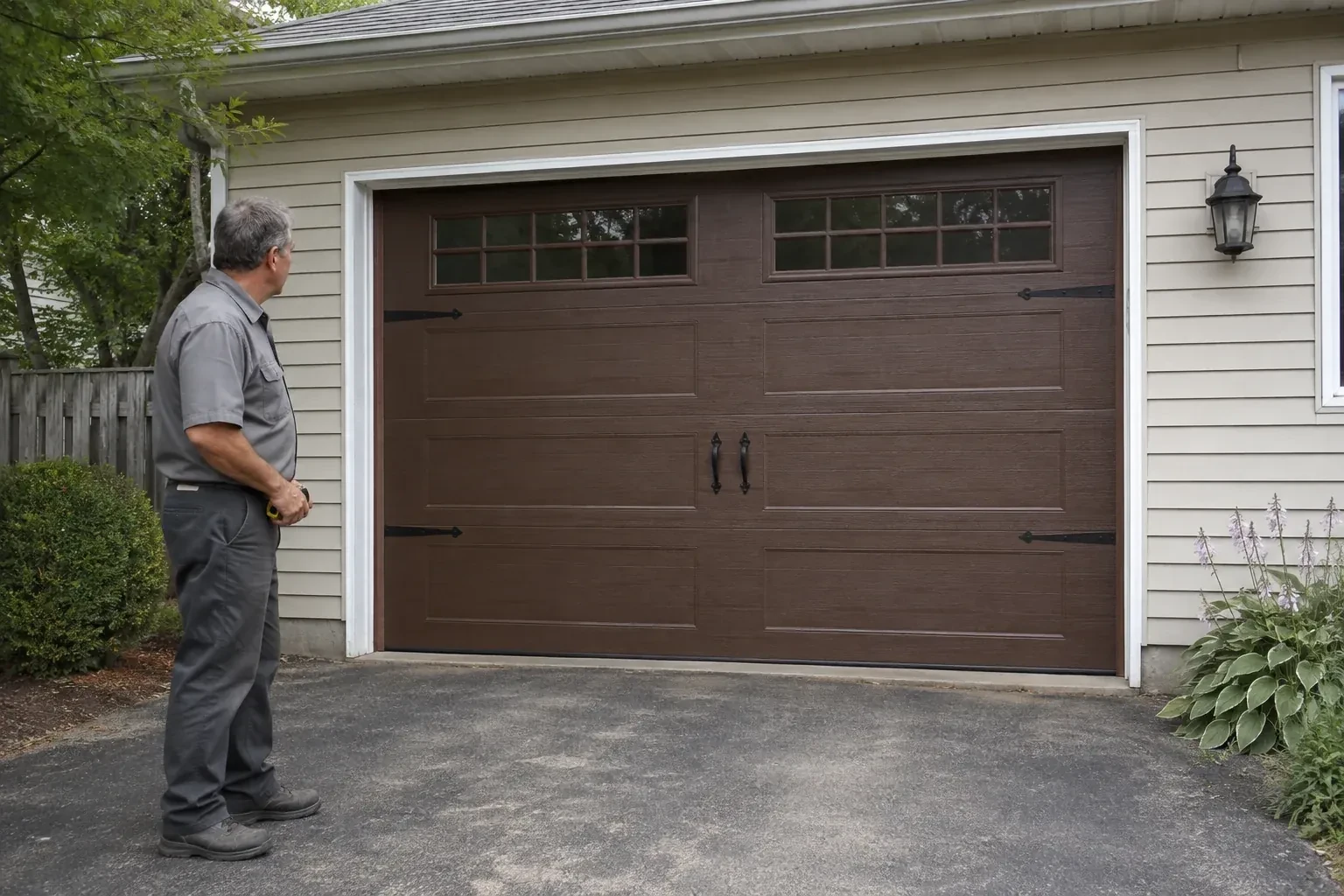 A person stands beside a closed brown garage door with upper windows and black decorative straps and handles. — Carriage-House Garage Door Installation, Essa