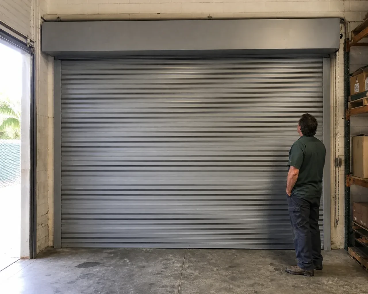 A person examines a closed metal rolling door with narrow horizontal slats, side guides and an overhead hood in a warehouse. — Commercial Rolling Door Repair, Essa