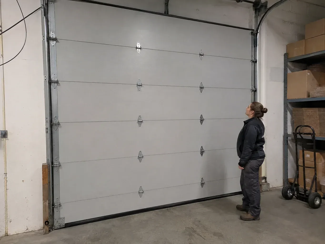 A person looks at a tall closed sectional door with broad panels, hinges and side tracks in a warehouse. — Commercial Sectional Door Repair, Essa