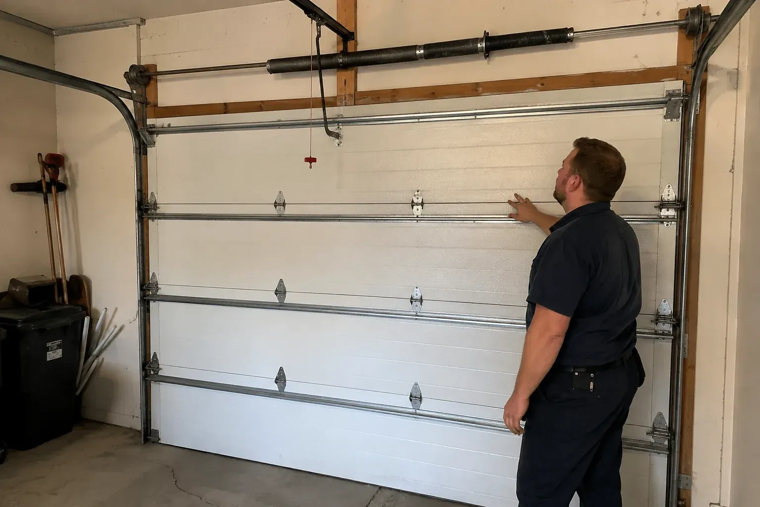 A person stands beside a closed sectional door beneath its overhead spring assembly. — Garage Door Balance Adjustment, Essa