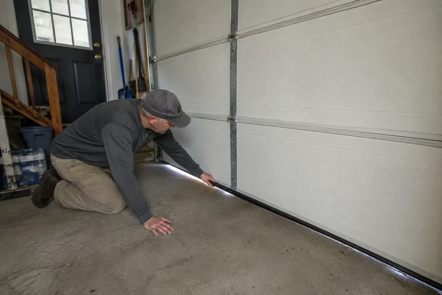 A person kneels beside the black bottom seal of a garage door, with daylight visible beneath the edge. — Garage Door Bottom Seal Replacement, Essa