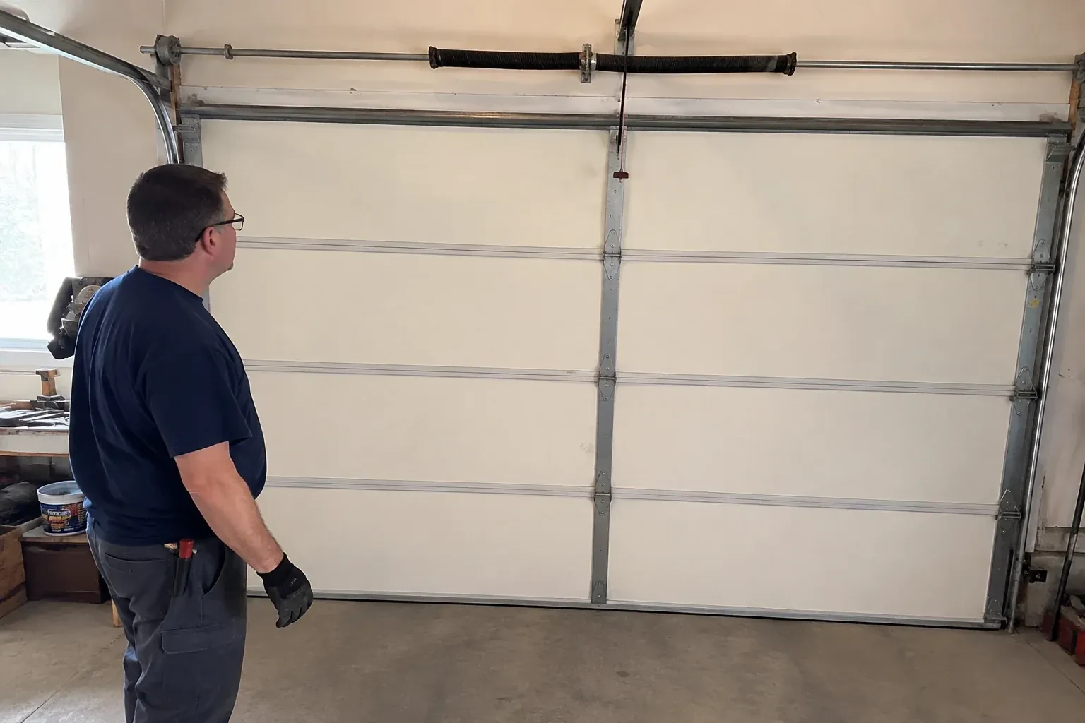 Illustrative garage doors scene; not an actual job — Off-Track Garage Door Reset, Essa