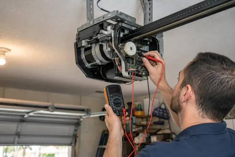 Person holding a multimeter and a red probe near the exposed circuit board of an overhead garage-door opener. — Garage Door Opener Diagnosis and Repair, Essa