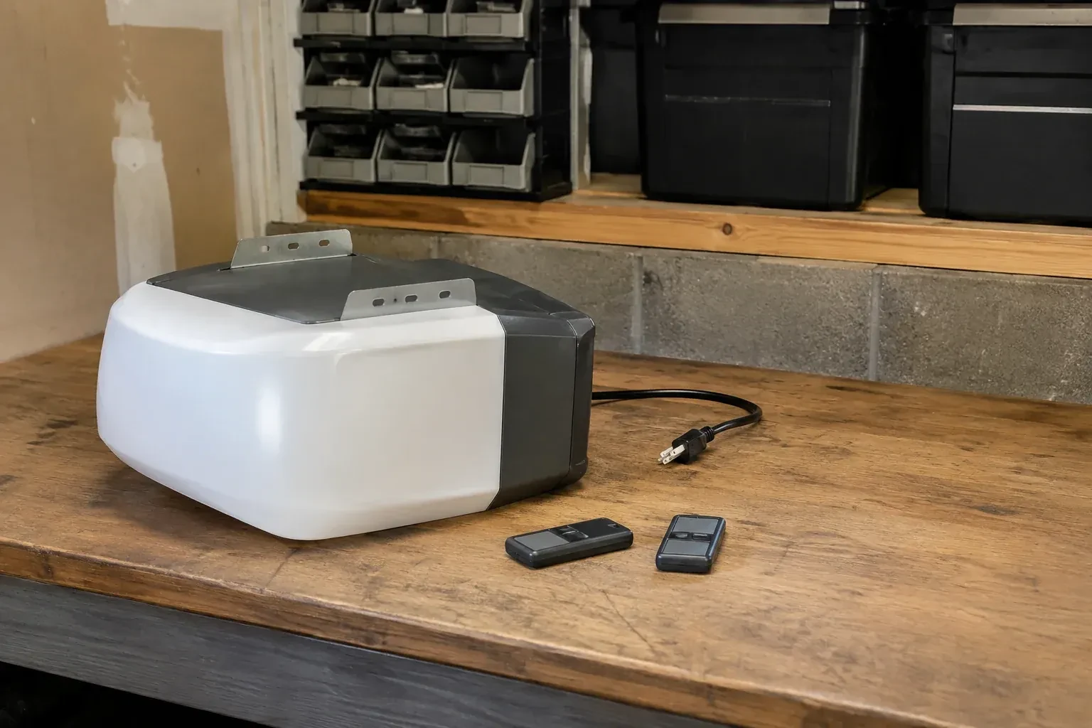 Detached opener housing and two remotes on a garage bench. — Garage Door Opener Replacement, Essa