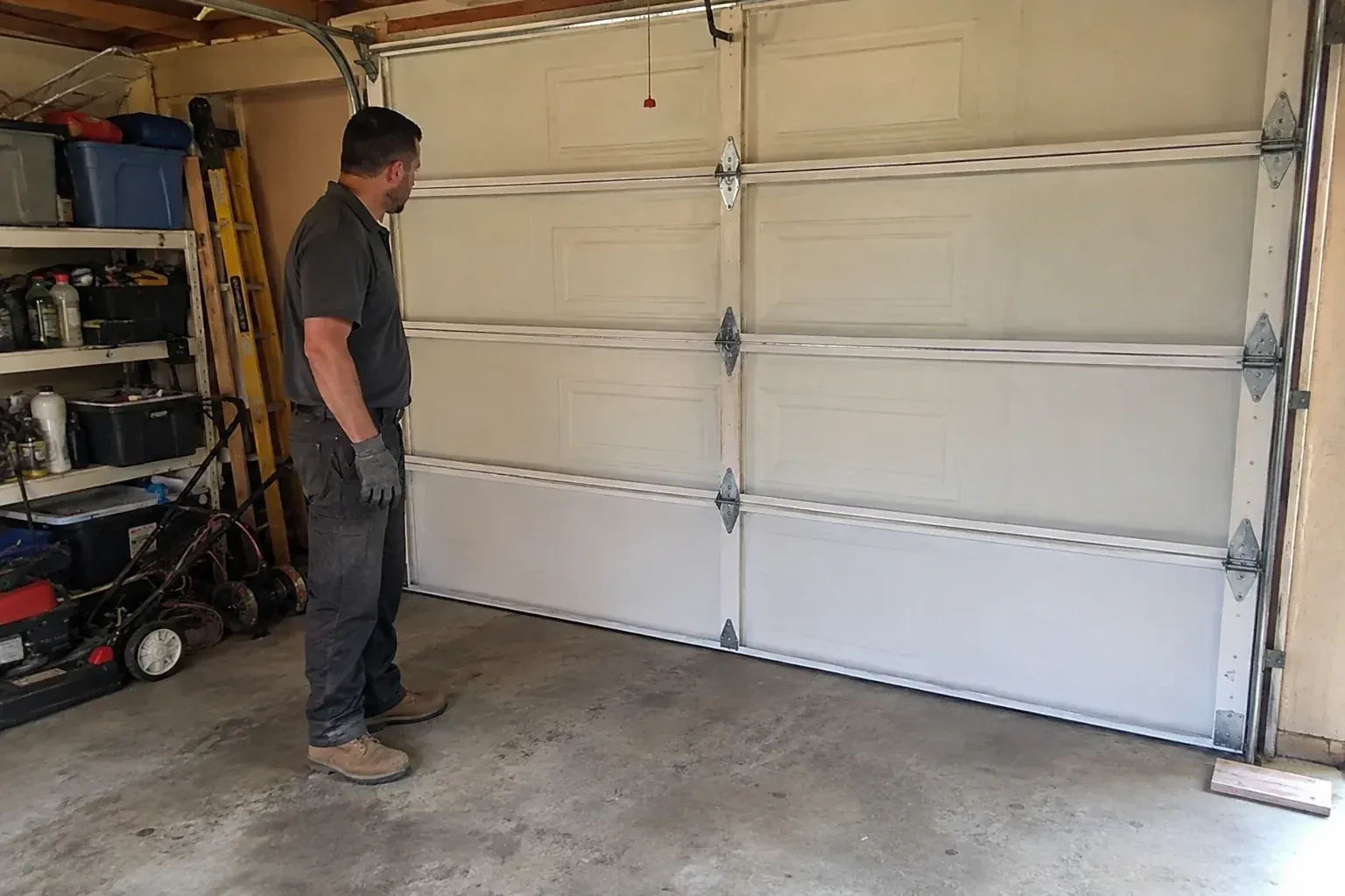 A person examines the interior panels and hinges of a closed sectional garage door. — Garage Door Panel Replacement, Essa