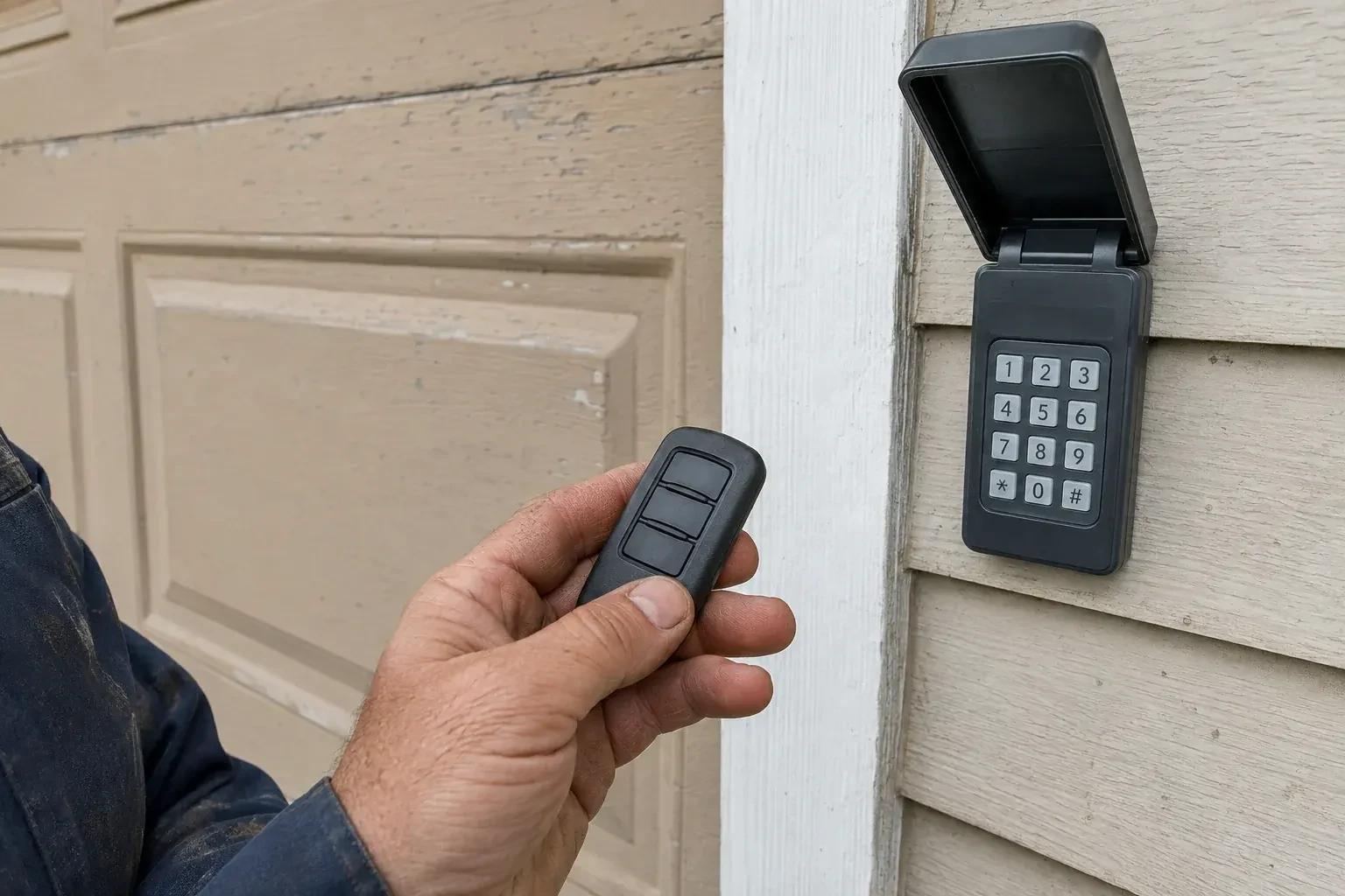 A hand holds a three-button remote beside an exterior garage keypad with its cover open. — Garage Door Remote and Keypad Programming, Essa