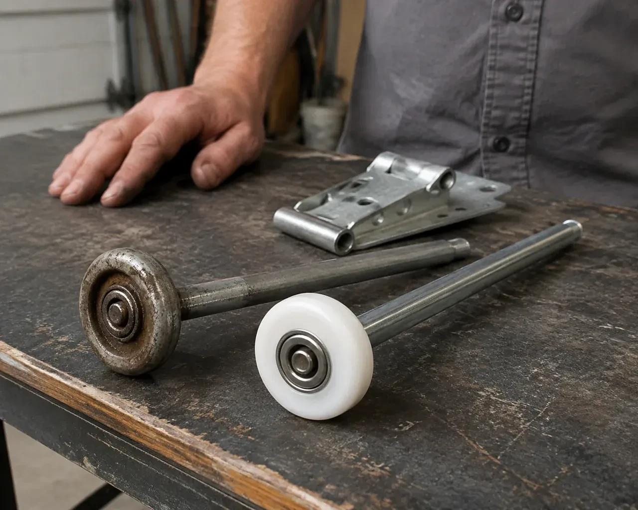 Steel and nylon garage-door rollers with long stems lie beside a detached hinge on a workbench. — Garage Door Roller Replacement, Essa