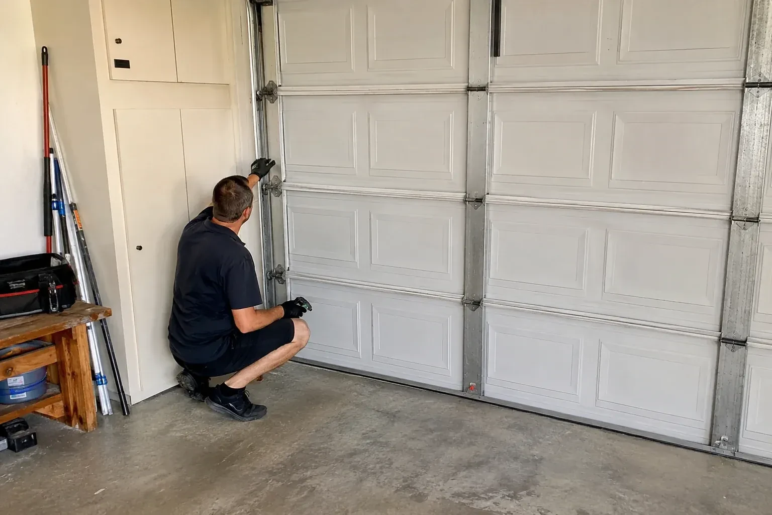 A person kneels beside the side track and hinges of a closed sectional garage door. — Garage Door Safety Inspection, Essa