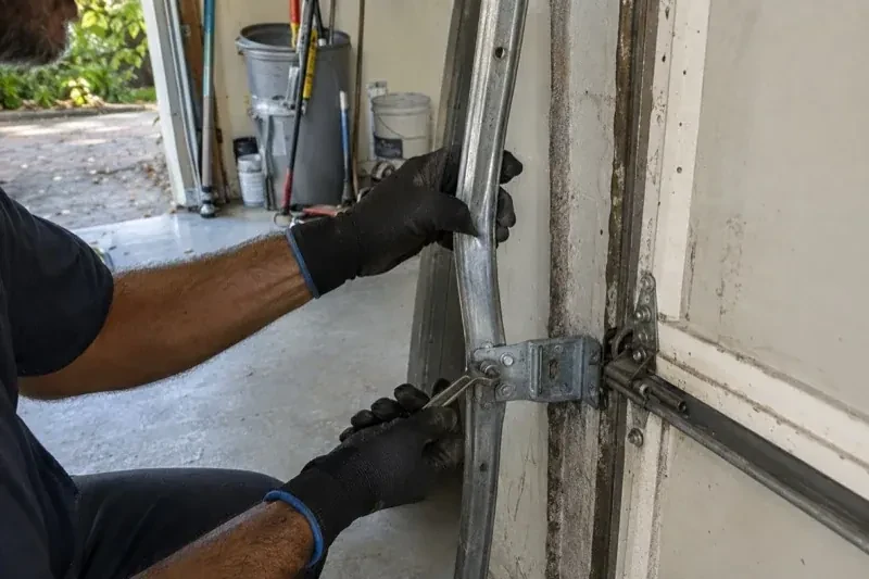 Gloved hands holding a vertical garage-door track and a wrench at its mounting bracket beside a door hinge. — Garage Door Track Repair or Replacement, Essa