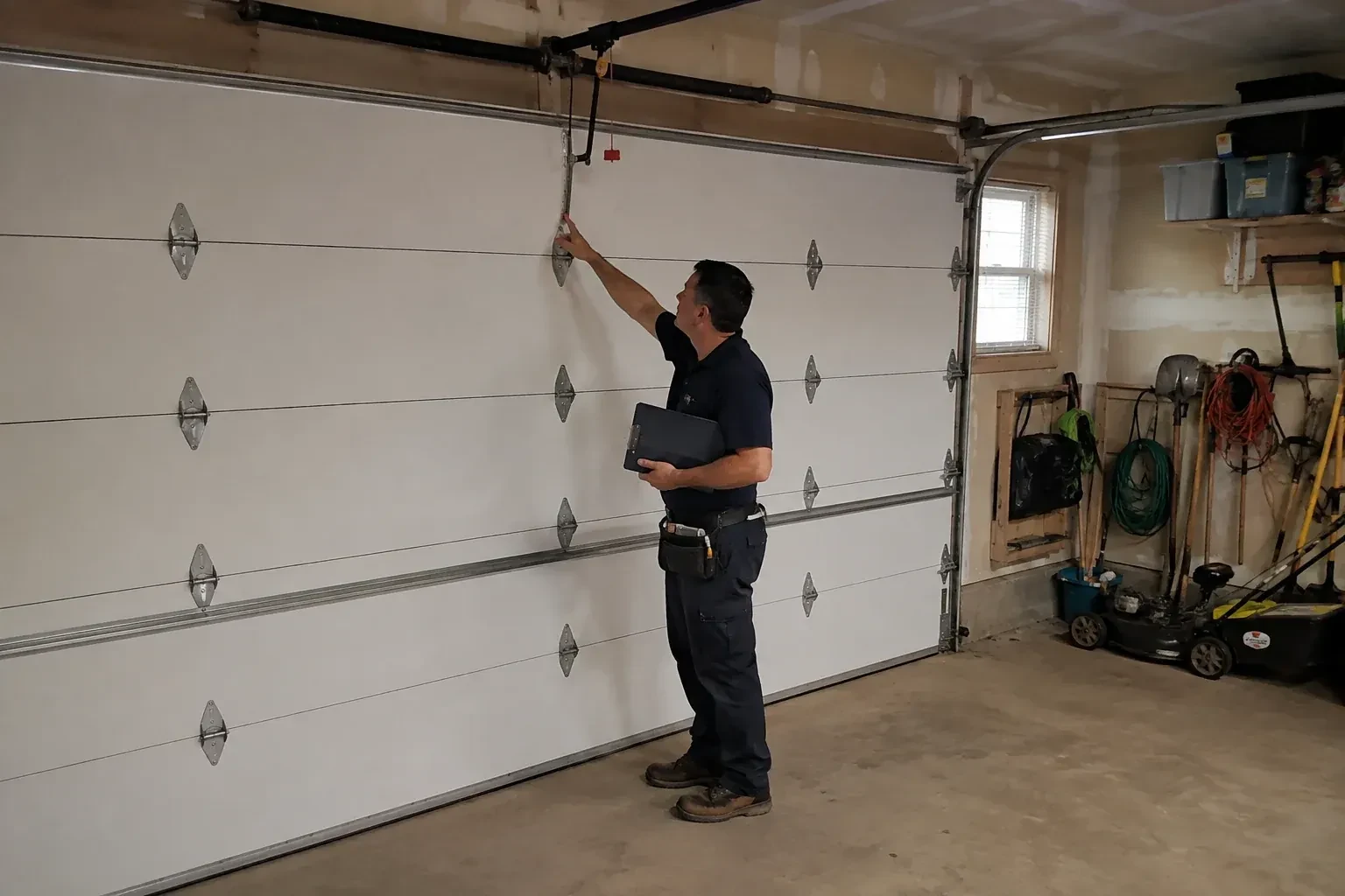 A person holding a clipboard examines the interior hardware of a closed garage door. — Garage Door Tune-Up, Essa