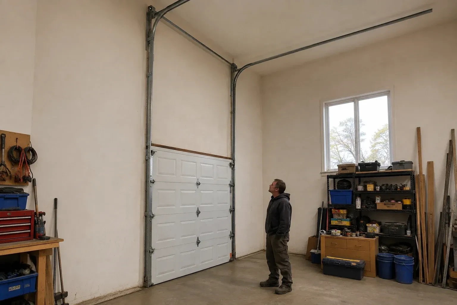 Vertical tracks extend above a closed garage door before curving near a high ceiling, while a person looks upward. — High-Lift Garage Door Conversion, Essa
