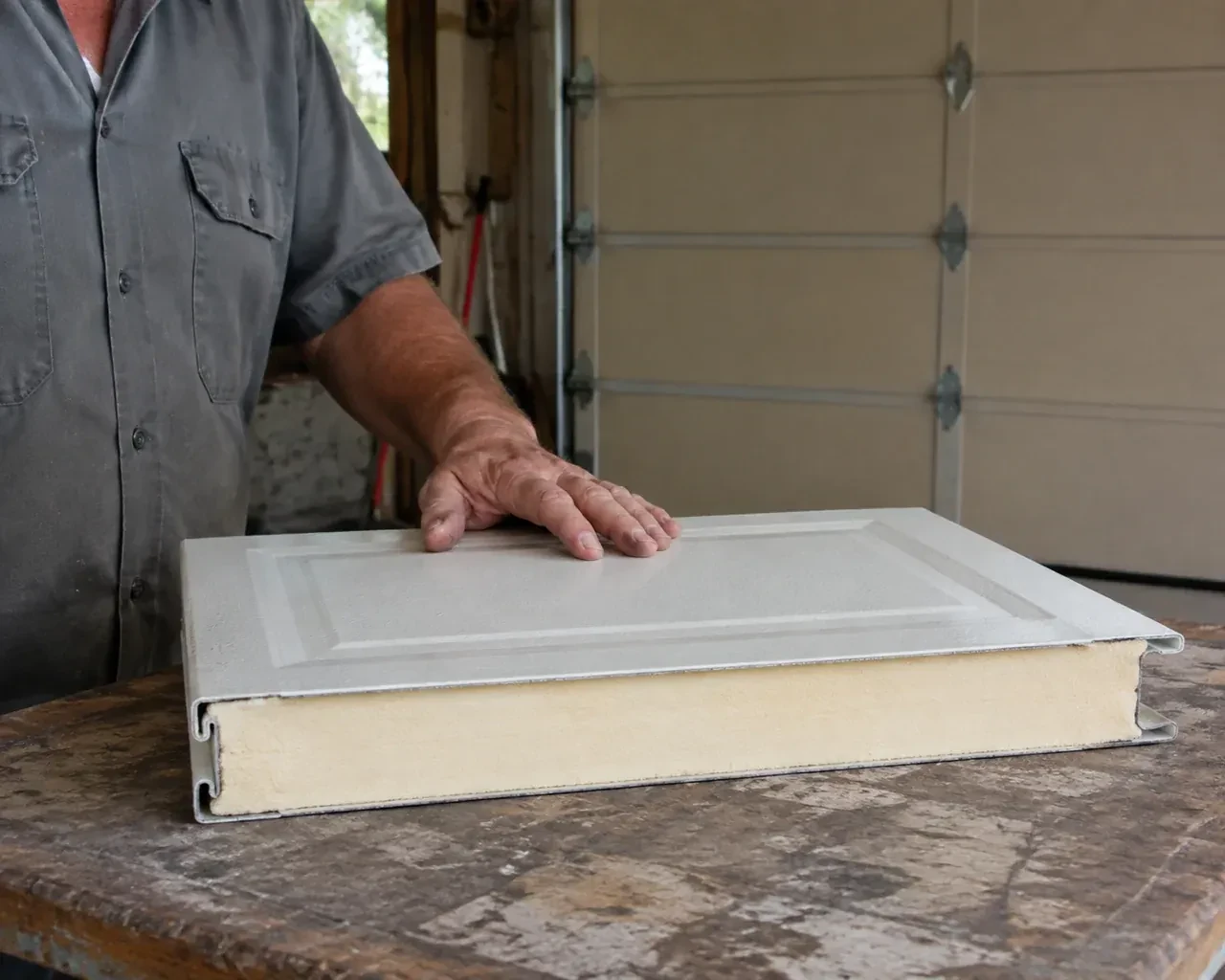 A panel sample exposes a cream foam core between thin metal faces on a garage workbench. — Insulated Steel Garage Door Installation, Essa