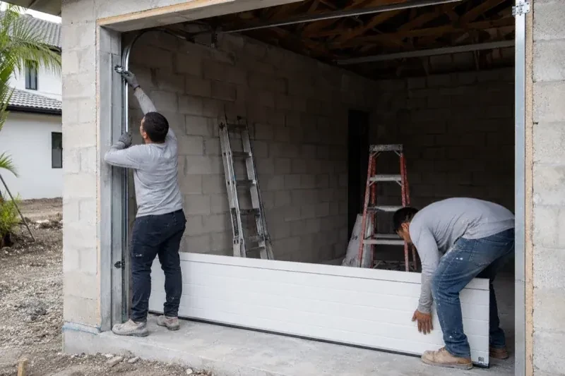 Two people positioning a white garage-door panel and side track in an unfinished masonry garage. — New-Construction Garage Door Installation, Essa
