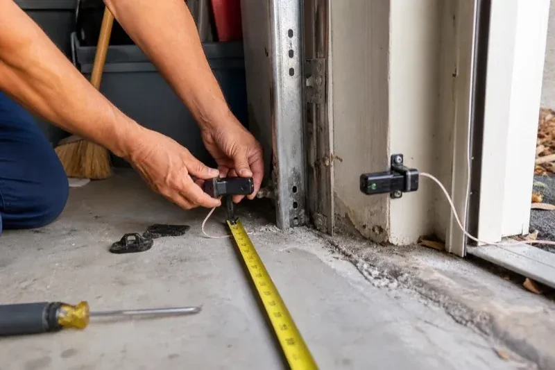 Hands holding a small wired device beside another mounted device and a tape measure at a garage-door opening — Photo-Eye Sensor Alignment or Replacement, Essa