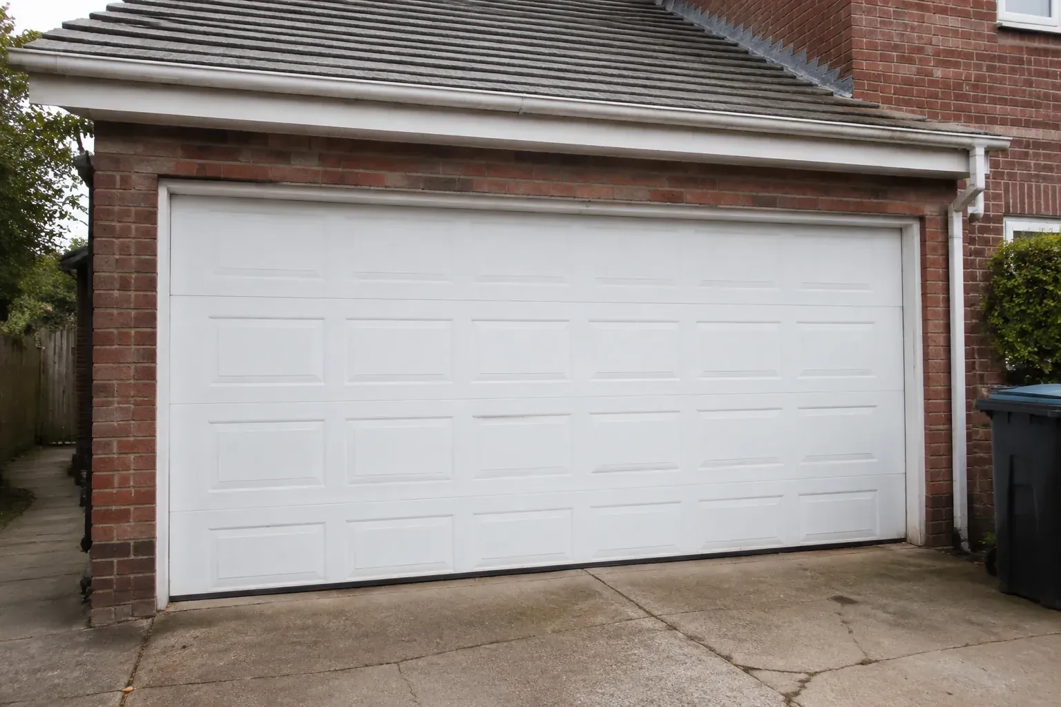 Closed white sectional garage door at an ordinary brick house. — Sectional Garage Door Replacement, Essa
