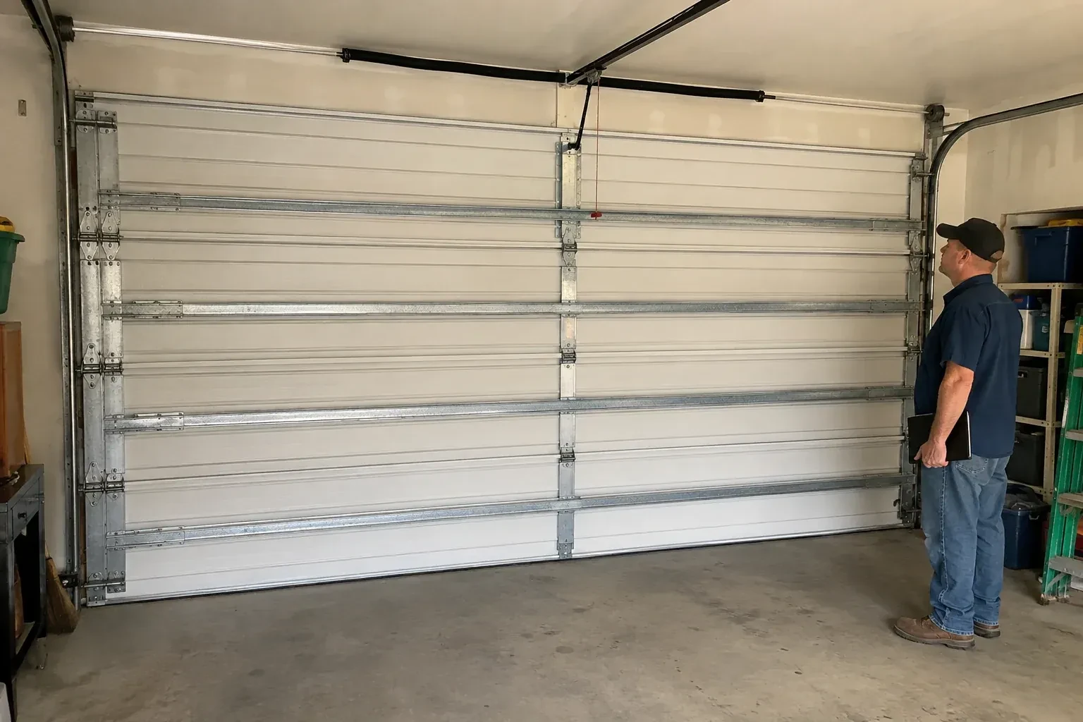 A person examines horizontal metal reinforcement members across the interior of a closed garage door. — Wind-Rated Garage Door Replacement, Essa